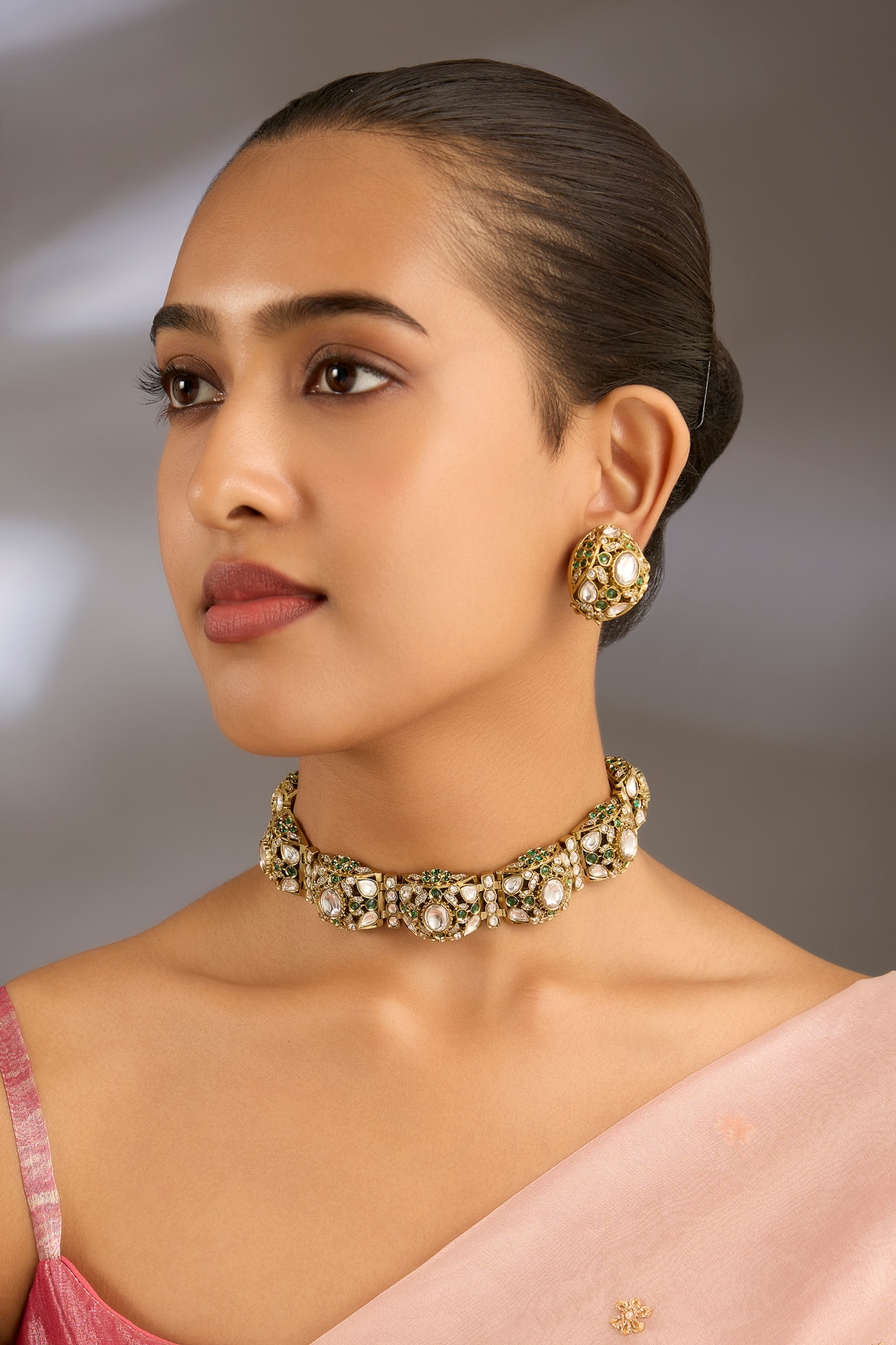 Moh-Maya by Disha Khatri Gold Finish Kundan Polki & Pearl Choker Necklace Set