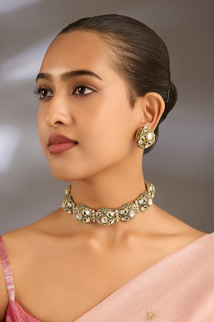 Gold Finish Kundan Polki & Pearl Choker Necklace Set by Moh-Maya by Disha Khatri at Pernia's Pop Up Shop