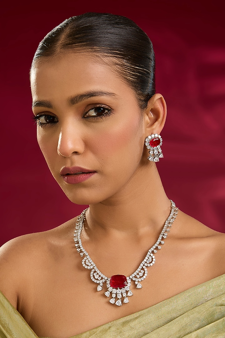 White Finish Zircon & Ruby Stone Necklace Set by Moh-Maya by Disha Khatri at Pernia's Pop Up Shop