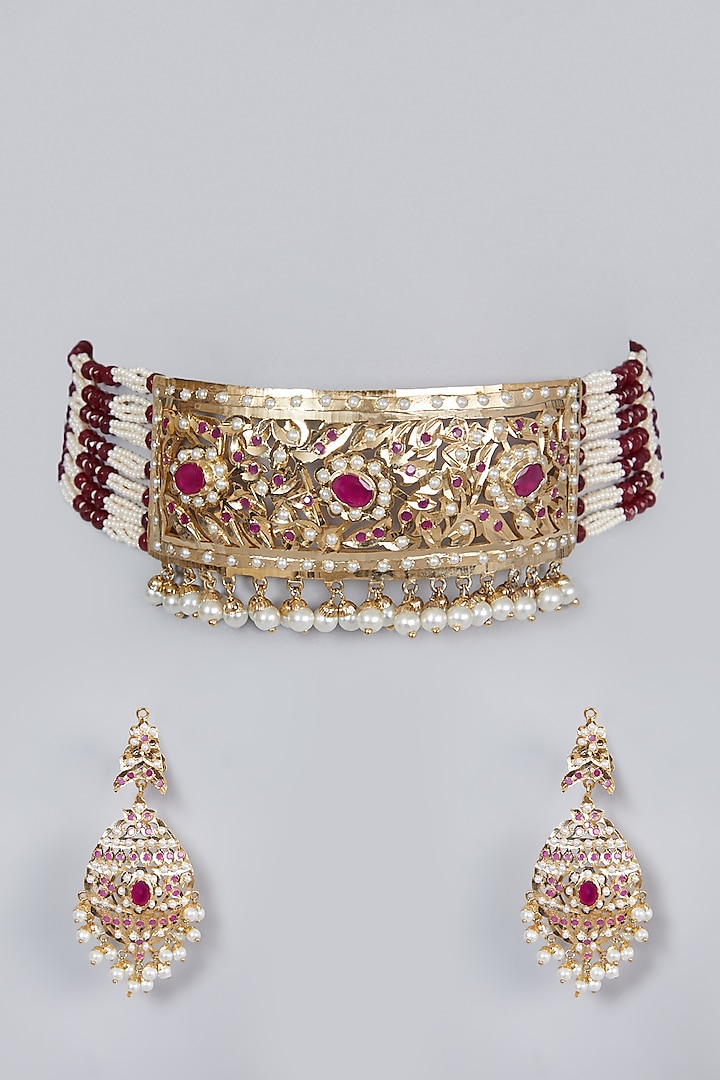 Gold Finish Ruby Choker Necklace Set by Moh-Maya by Disha Khatri at Pernia's Pop Up Shop