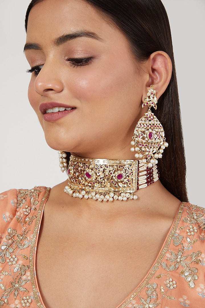 Gold Finish Ruby Choker Necklace Set by Moh-Maya by Disha Khatri