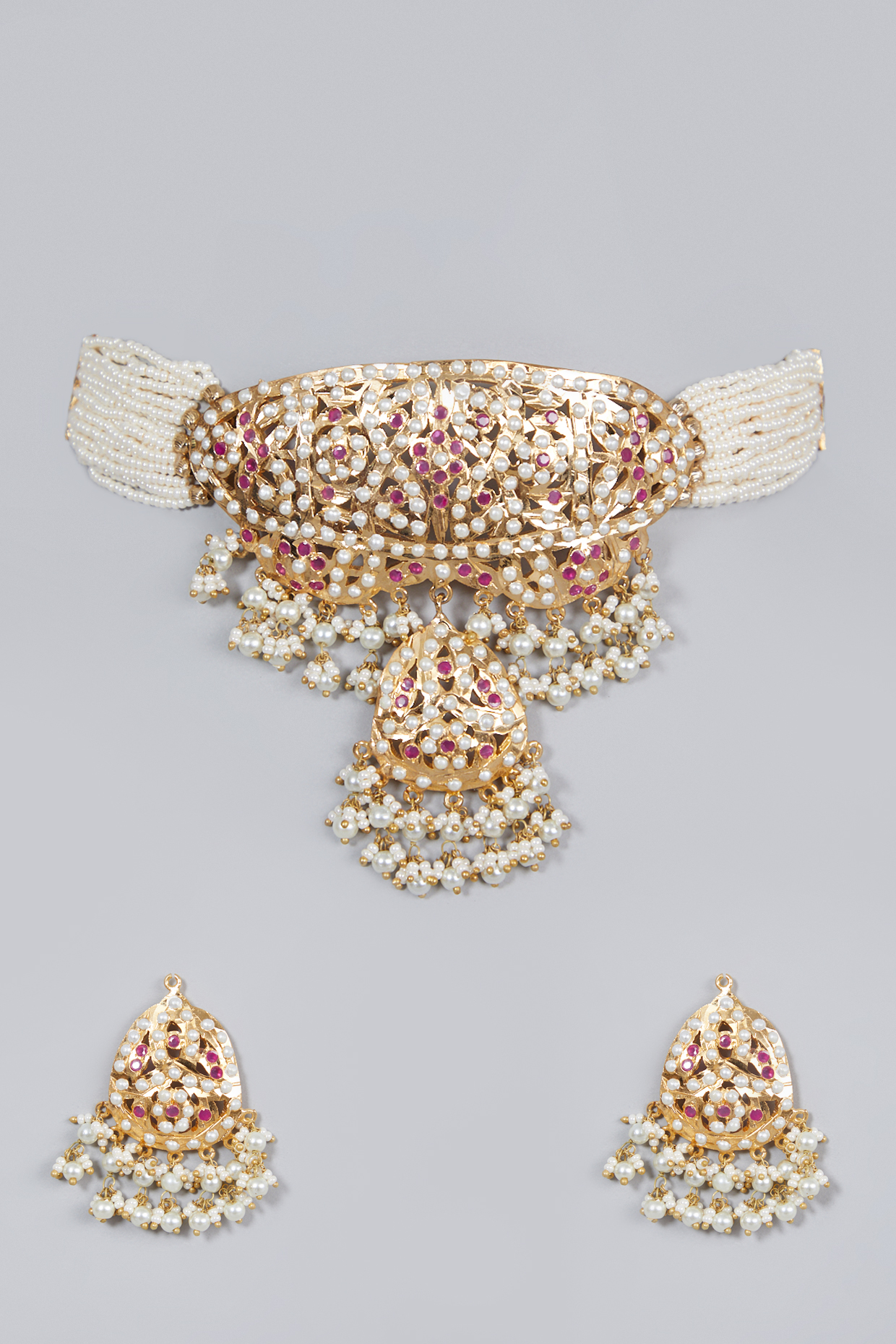 Gold Finish Ruby & Pearl Choker Necklace Set by Moh-Maya by Disha Khatri