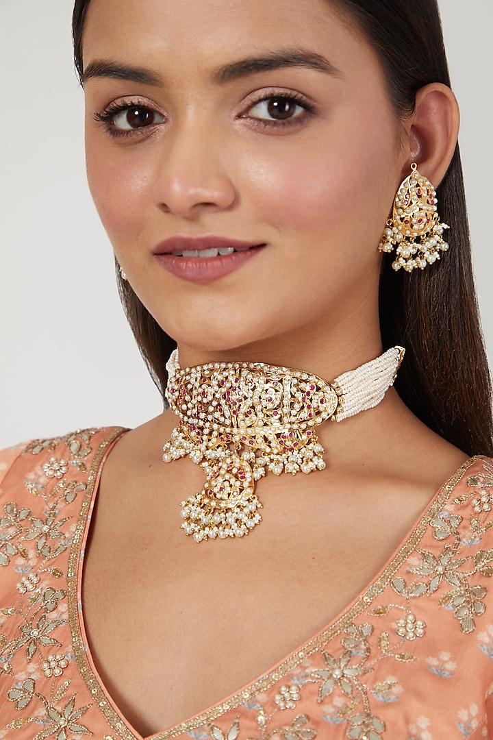 Gold Finish Ruby & Pearl Choker Necklace Set by Moh-Maya by Disha Khatri