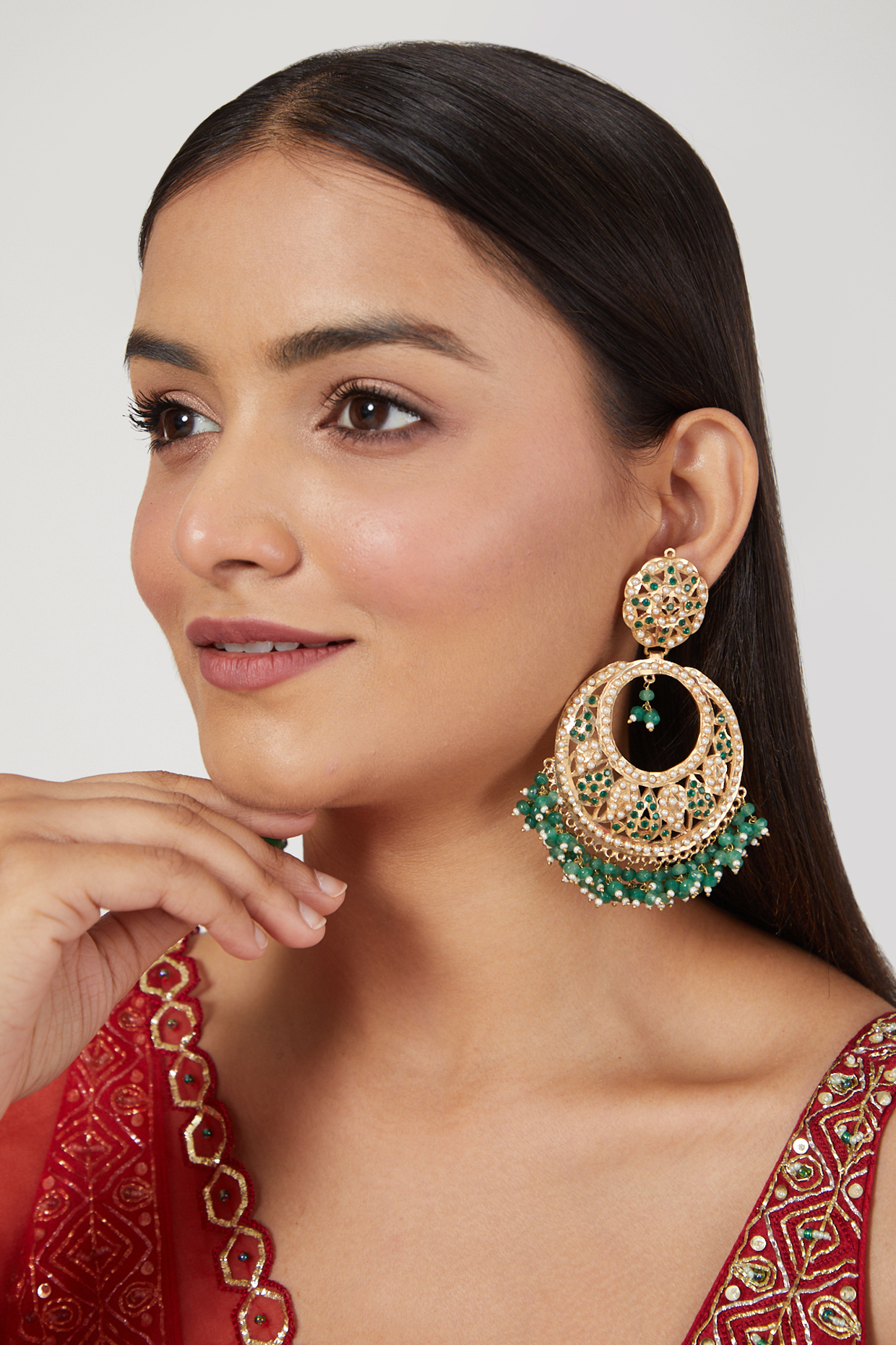 Gold Finish Emerald Chandbali Earrings by Moh-Maya by Disha Khatri at Pernia's Pop Up Shop