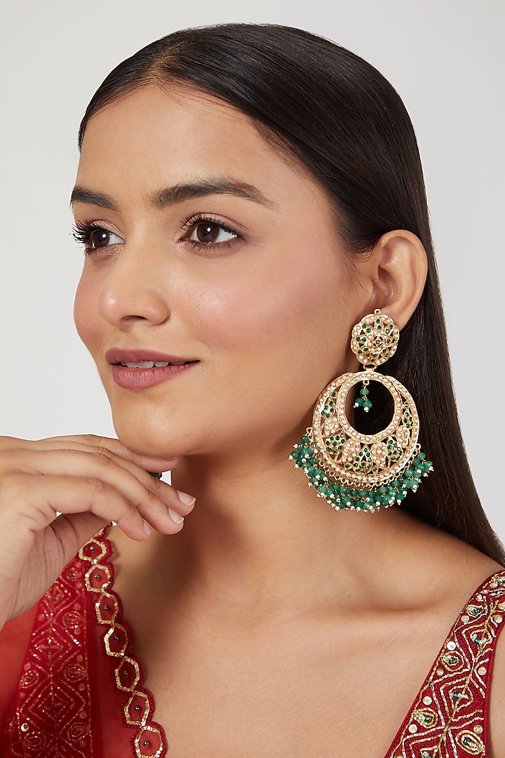 Gold Finish Emerald Chandbali Earrings by Moh-Maya by Disha Khatri