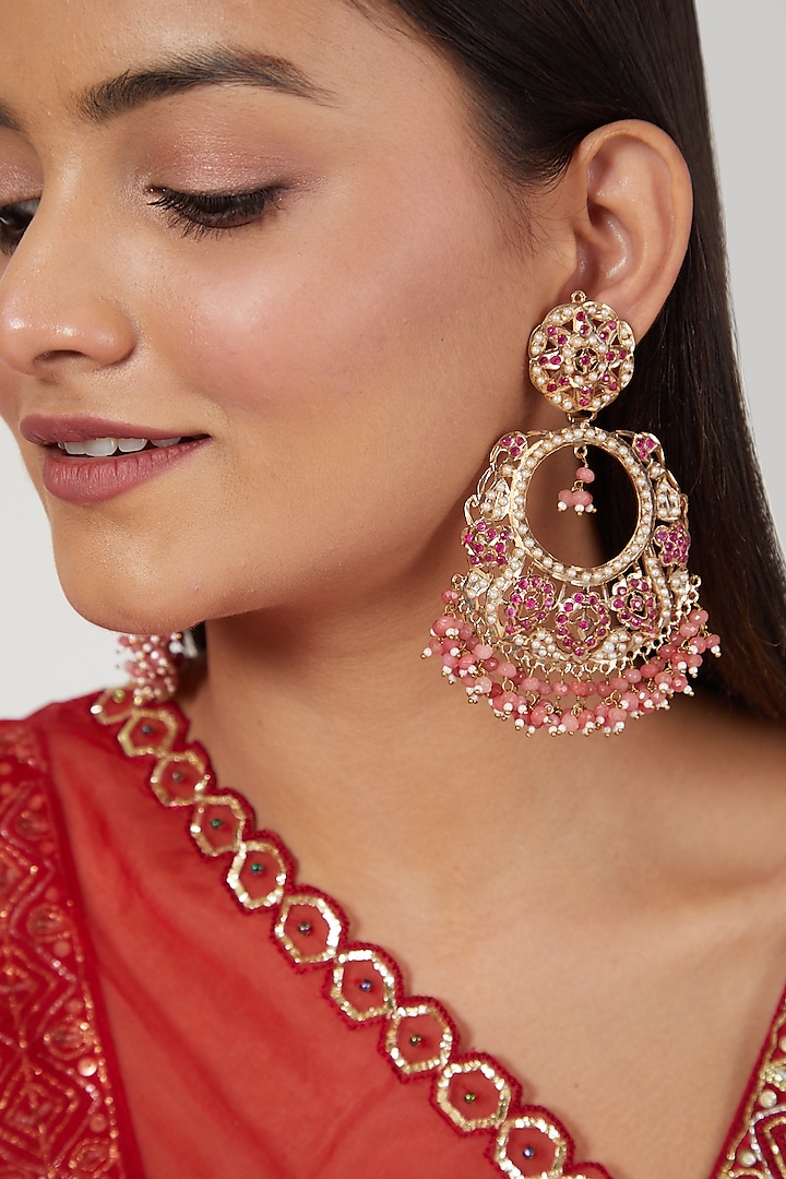 Gold Finish Ruby Chandbali Earrings by Moh-Maya by Disha Khatri