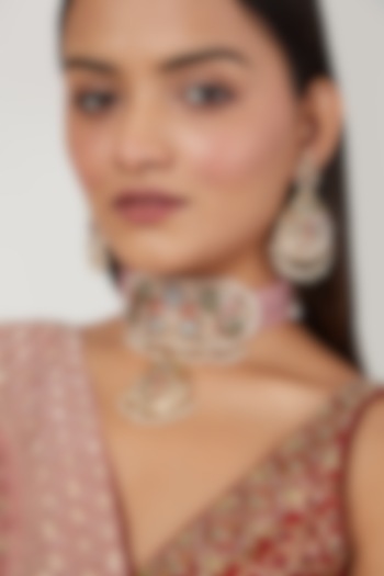 Gold Finish Multi Colored Jadau & Pearl Choker Necklace Set by Moh-Maya by Disha Khatri