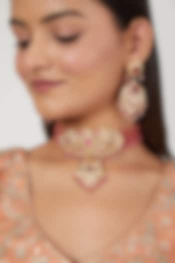Gold Finish Pink Jadau Choker Necklace Set by Moh-Maya by Disha Khatri at Pernia's Pop Up Shop