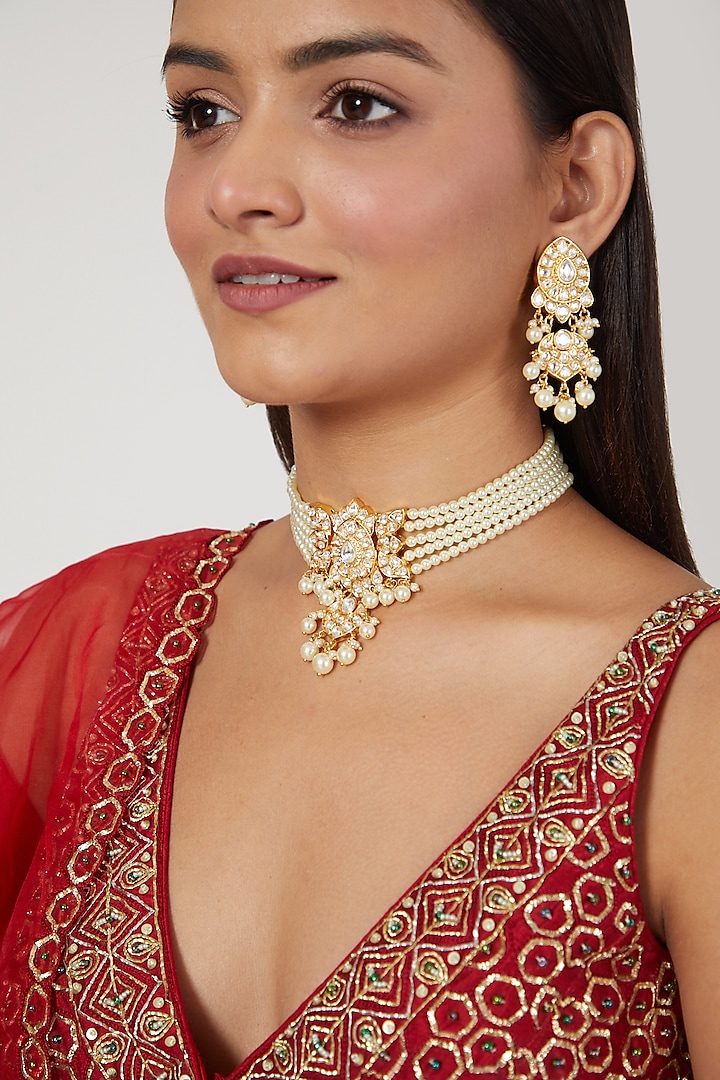 Gold Finish Kundan Polki & Pearls Choker Necklace Set by Moh-Maya by Disha Khatri