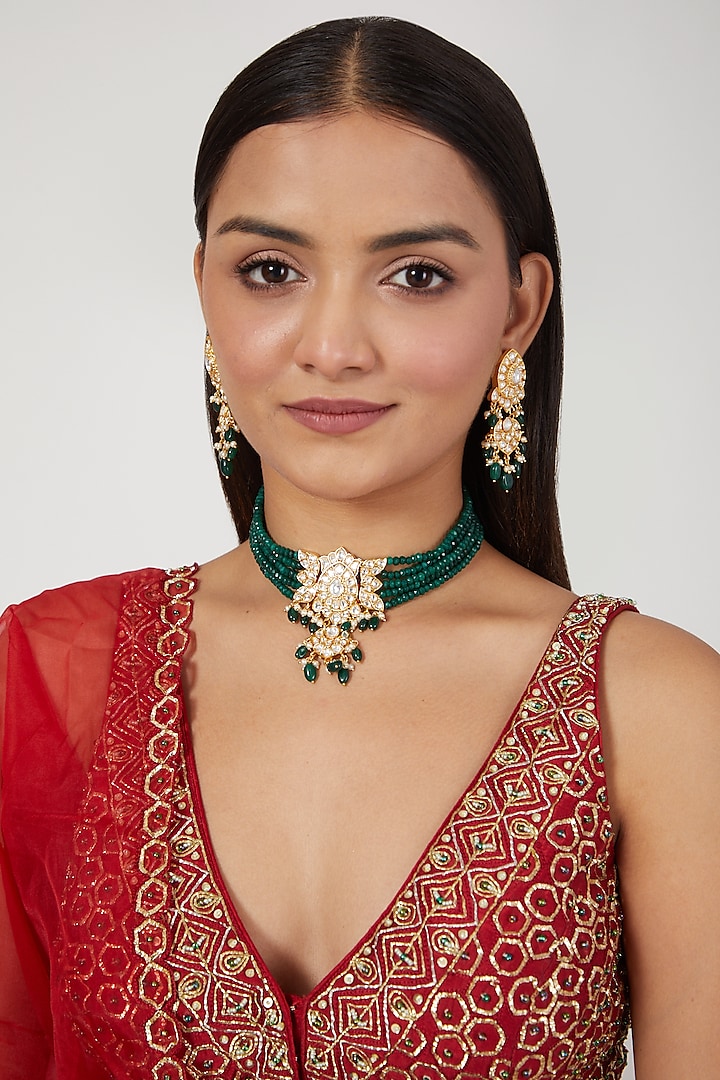 Gold Finish Emerald Beaded Choker Necklace Set by Moh-Maya by Disha Khatri