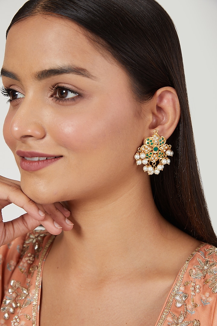 Gold Finish Multi Colored Jadau & Pearl Earrings by Moh-Maya by Disha Khatri