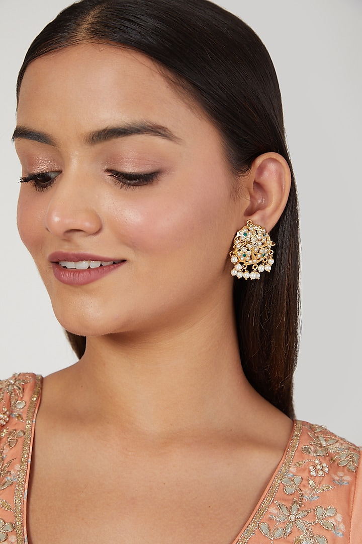 Gold Finish Pearl Earrings by Moh-Maya by Disha Khatri