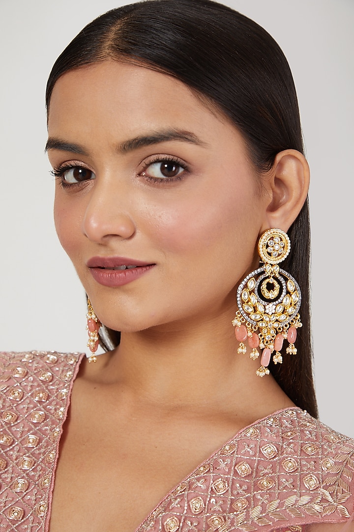 Gold Finish Kundan Polki & Diamond Earrings by Moh-Maya by Disha Khatri