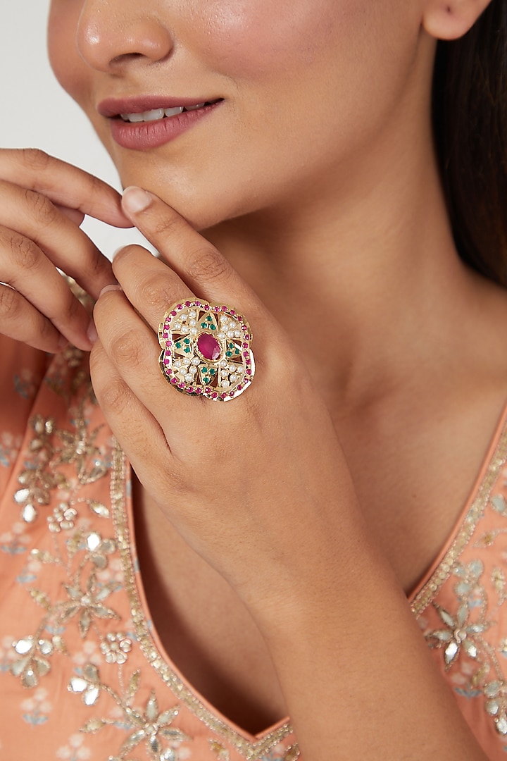 Gold Finish Multi Colored Jadau Adjustable Ring by Moh-Maya by Disha Khatri