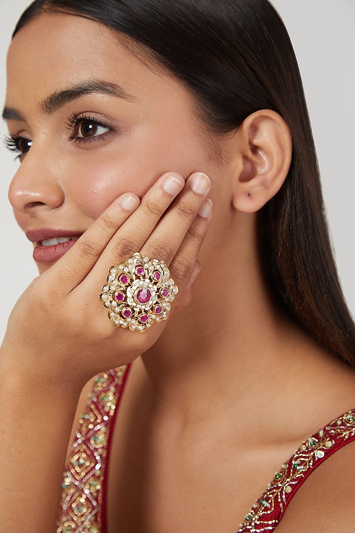Gold Finish Ruby Adjustable Ring by Moh-Maya by Disha Khatri