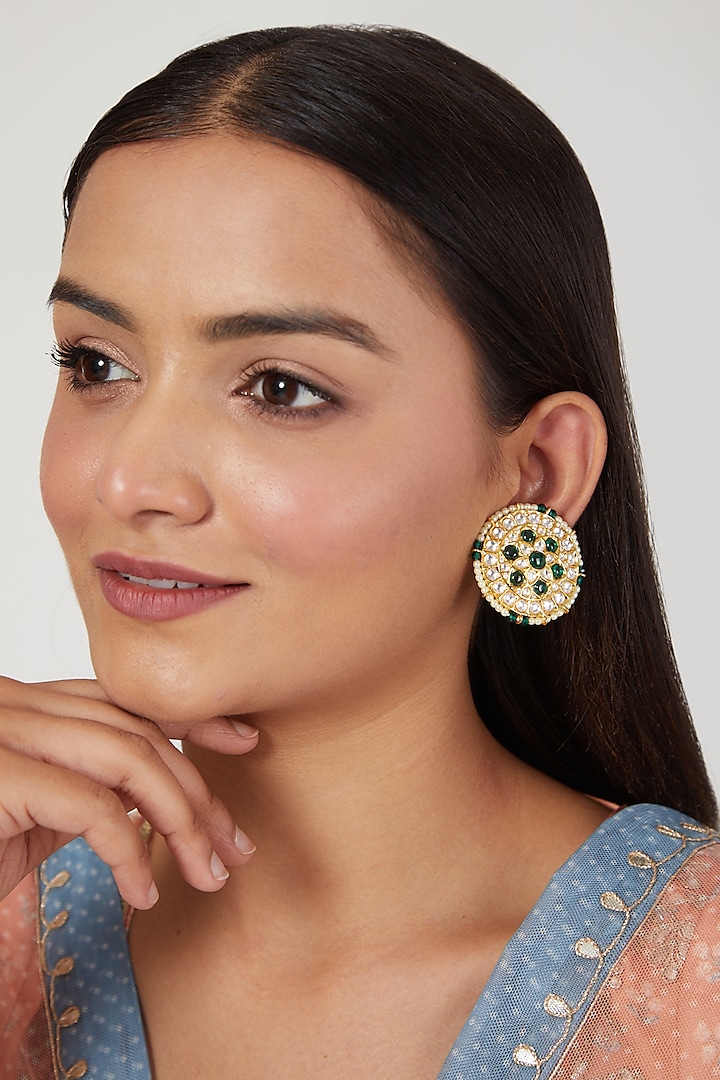 Gold Finish Emerald Stud Earrings by Moh-Maya by Disha Khatri