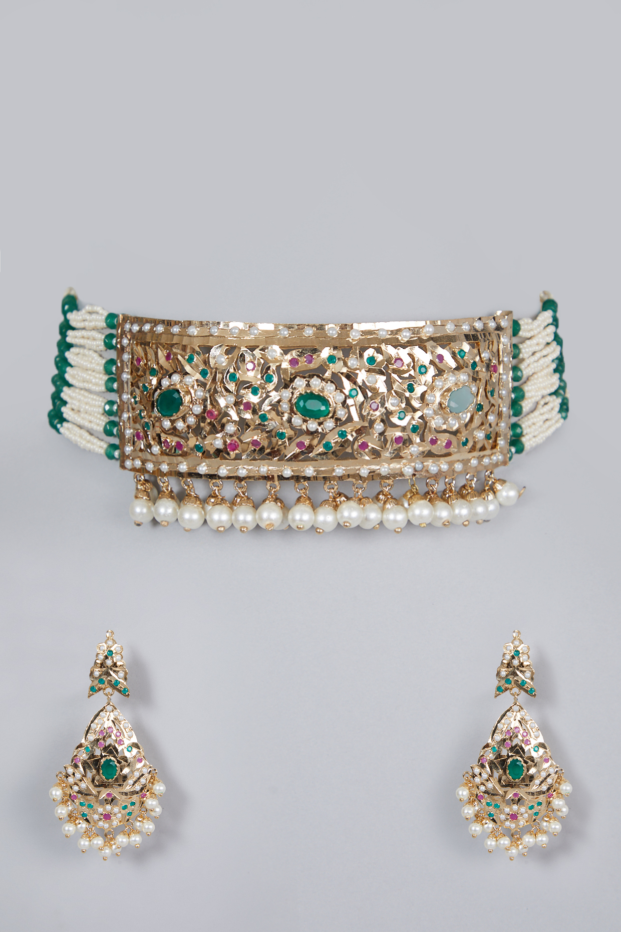 Gold Finish Emerald & Pearl Choker Necklace Set by Moh-Maya by Disha Khatri