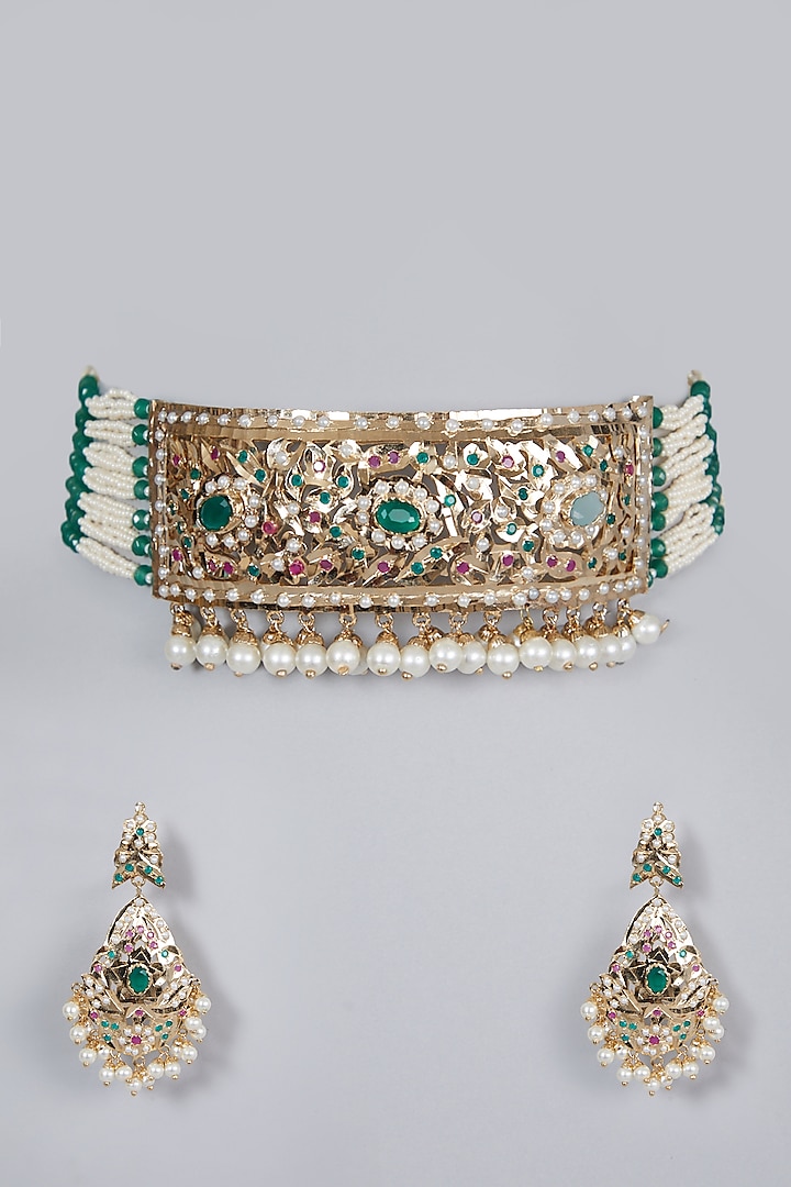 Gold Finish Emerald & Pearl Choker Necklace Set by Moh-Maya by Disha Khatri