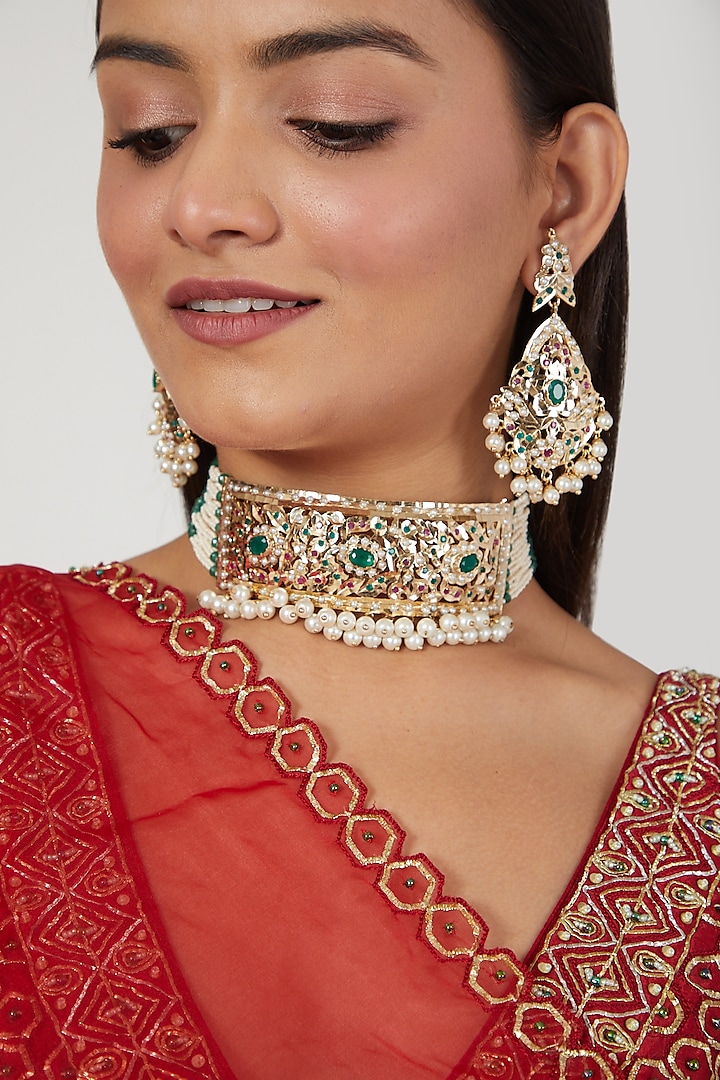 Gold Finish Emerald & Pearl Choker Necklace Set by Moh-Maya by Disha Khatri