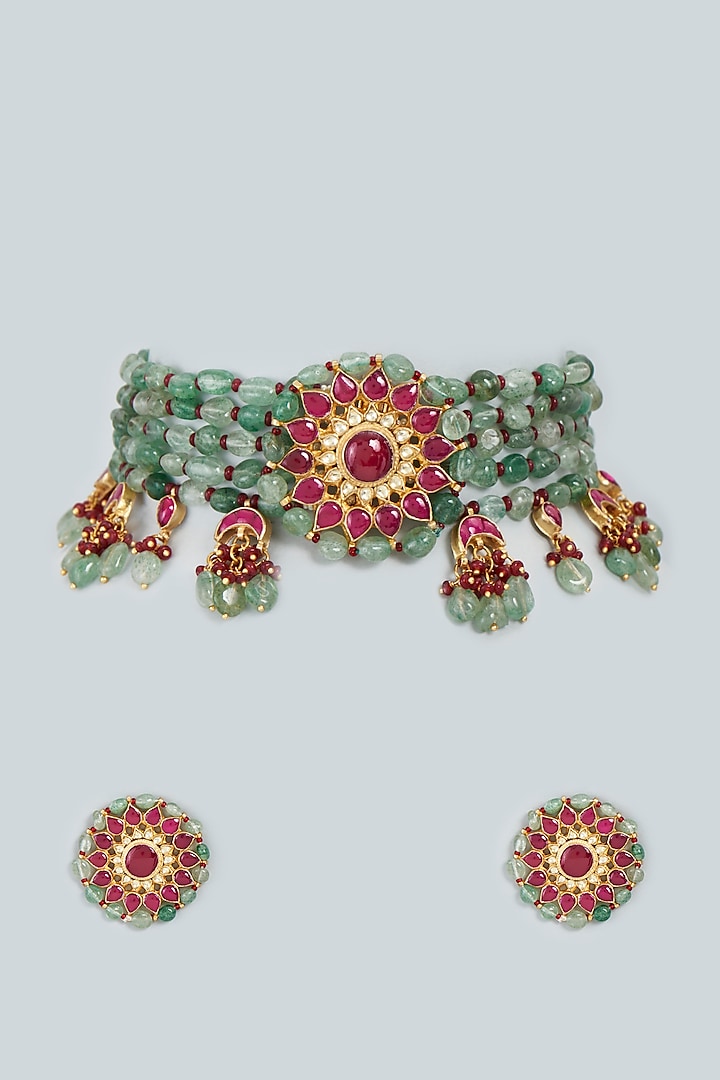 Gold Finish Green Beaded Choker Necklace Set by Moh-Maya by Disha Khatri