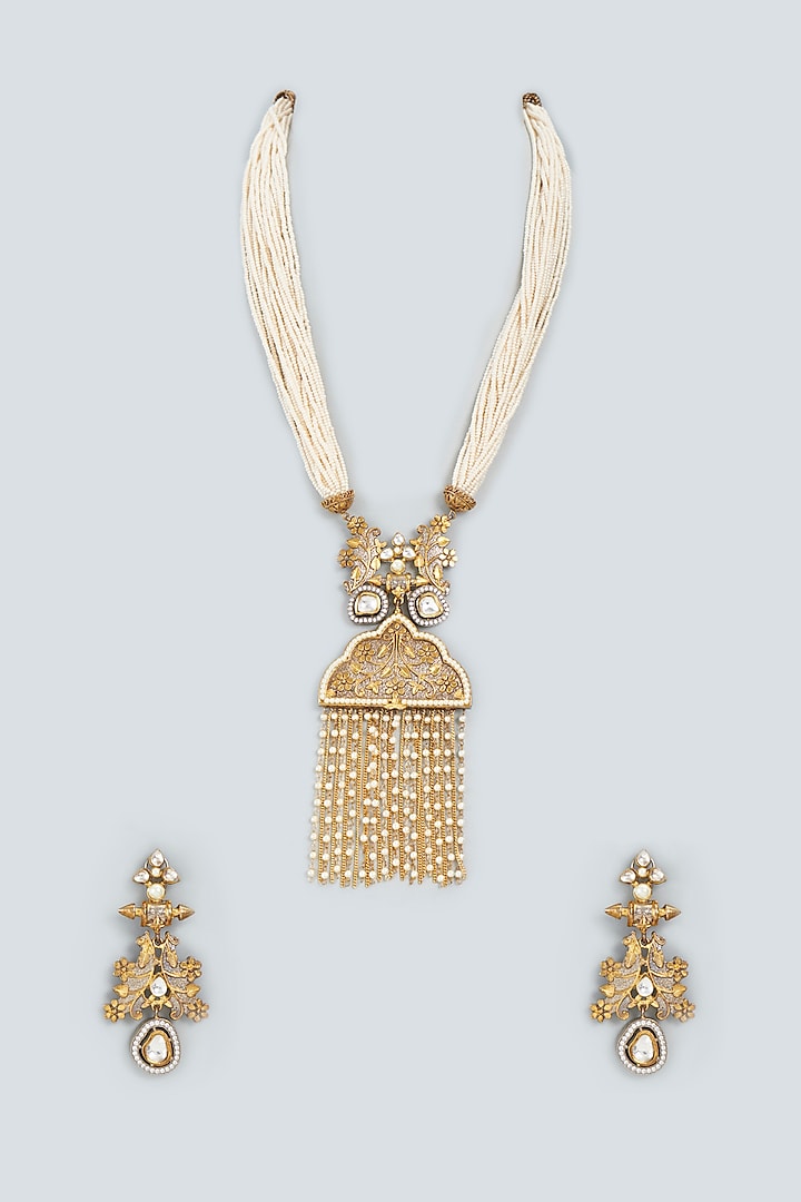 Gold Finish Pendant Necklace Set by Moh-Maya by Disha Khatri