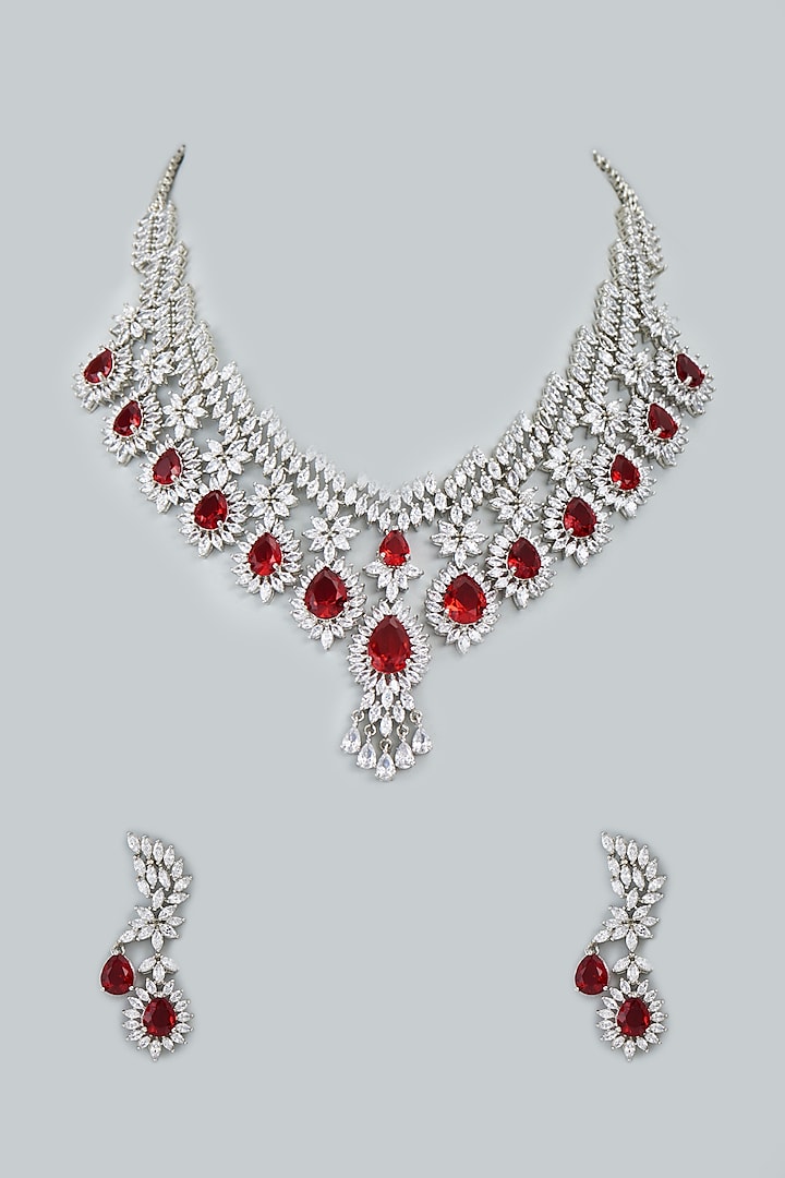 White Finish Red Stone Necklace Set by Moh-Maya by Disha Khatri
