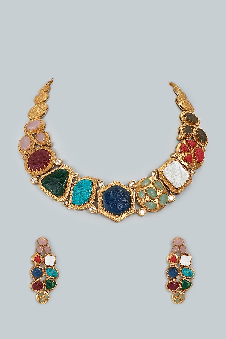 Gold Finish Choker Necklace Set by Moh-Maya by Disha Khatri