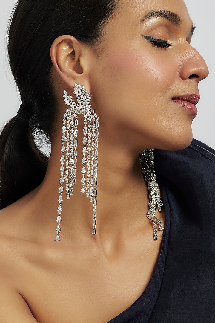 White Finish Zircon Dangler Earrings by Moh-Maya by Disha Khatri at Pernia's Pop Up Shop