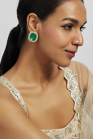 Gold Finish Zircon & Green Stone Stud Earrings by Moh-Maya by Disha Khatri