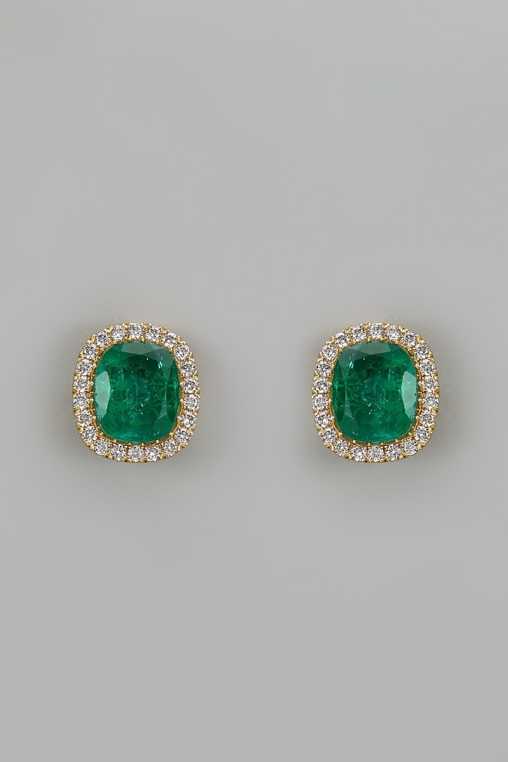 Gold Finish Zircon & Green Stone Stud Earrings by Moh-Maya by Disha Khatri at Pernia's Pop Up Shop