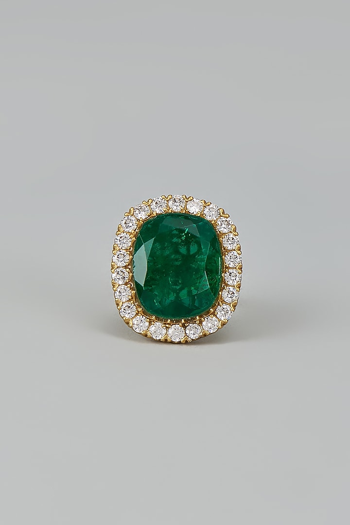 Gold Finish Zircon & Emerald Stone Ring by Moh-Maya by Disha Khatri at Pernia's Pop Up Shop