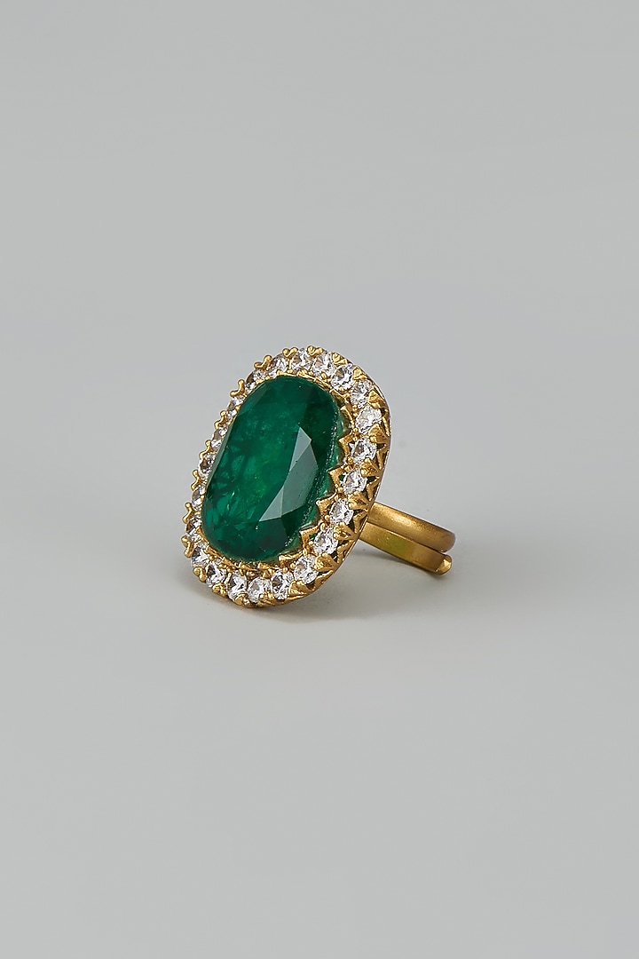 Gold Finish Zircon & Emerald Stone Ring by Moh-Maya by Disha Khatri at Pernia's Pop Up Shop