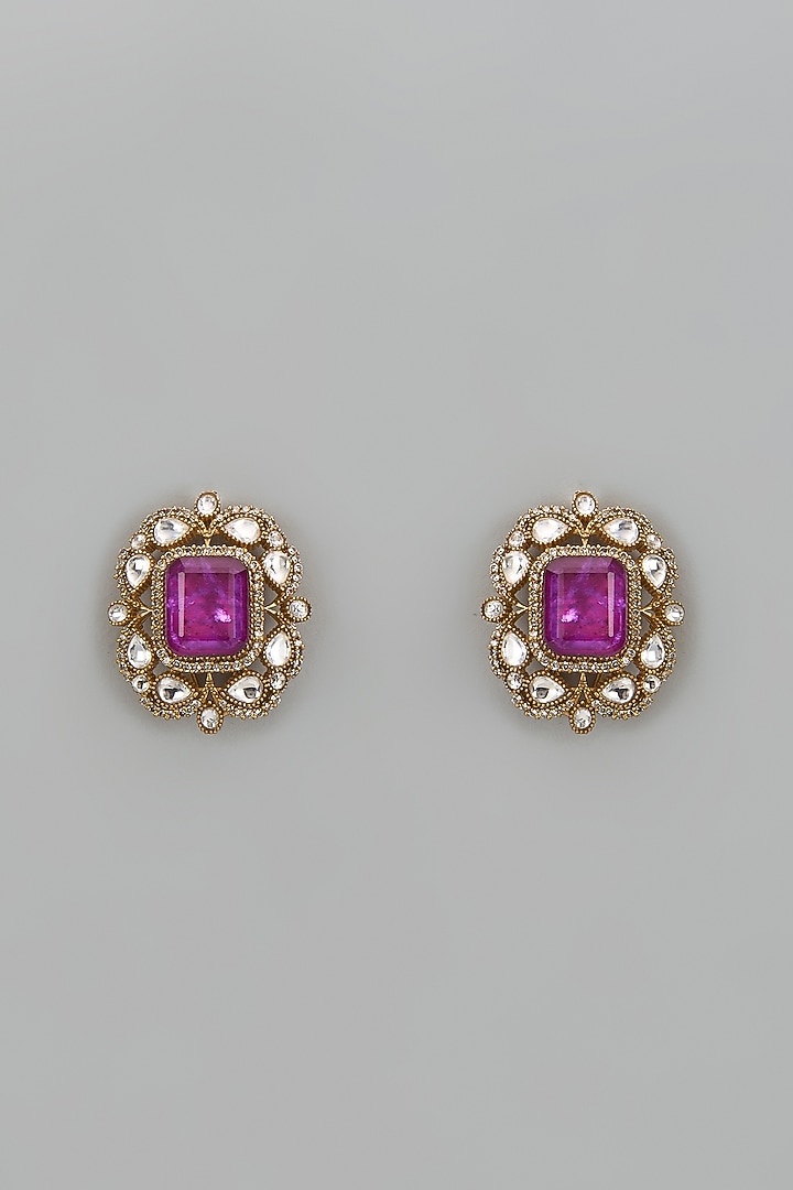 Gold Finish Kundan Polki & Purple Stone Stud Earrings by Moh-Maya by Disha Khatri at Pernia's Pop Up Shop