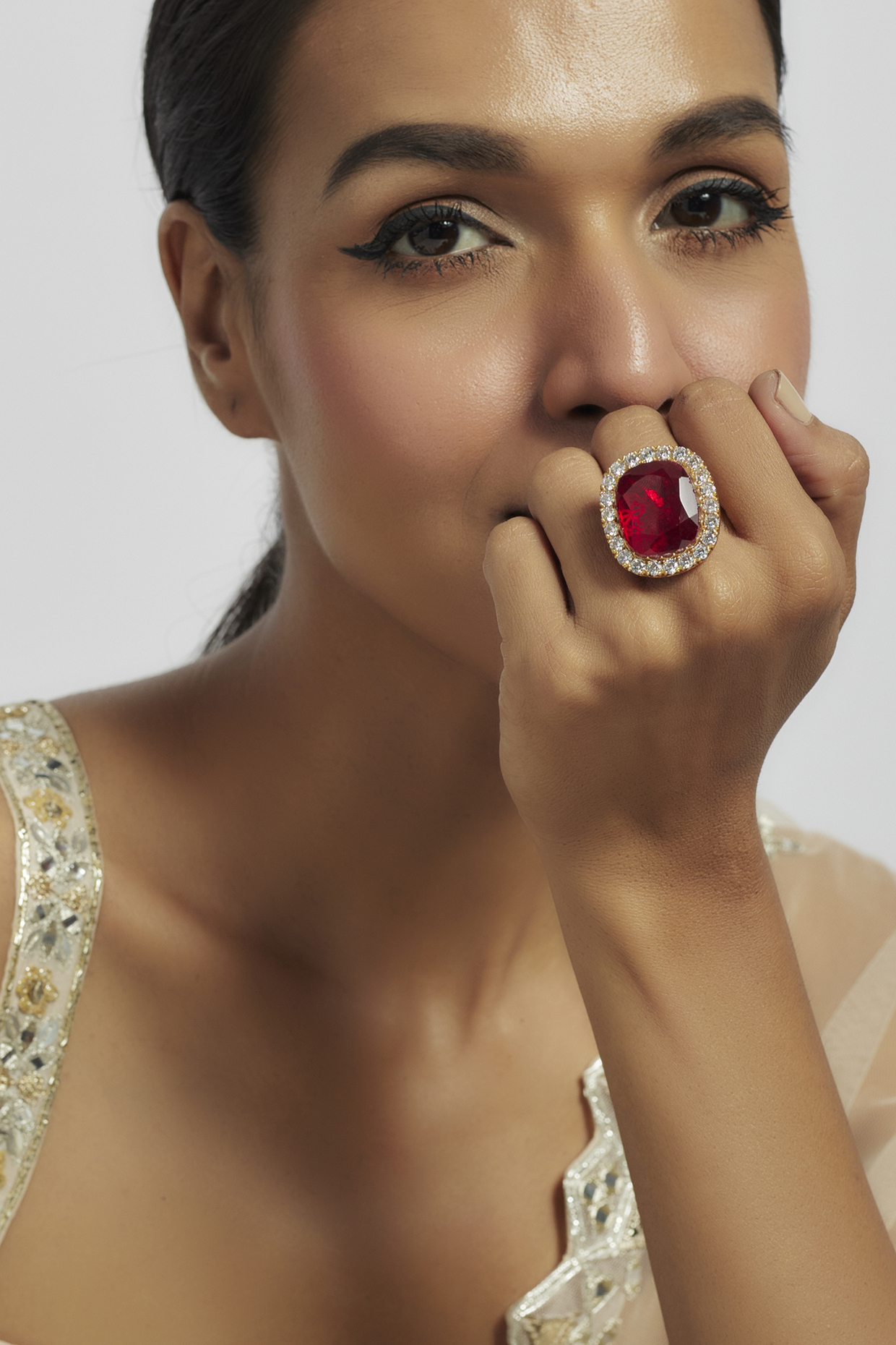 Gold Finish Ruby & Zircon Ring by Moh-Maya by Disha Khatri at Pernia's Pop Up Shop