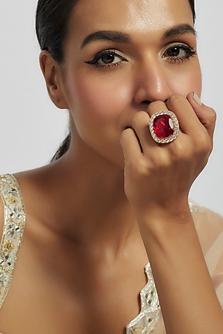 Gold Finish Ruby & Zircon Ring by Moh-Maya by Disha Khatri
