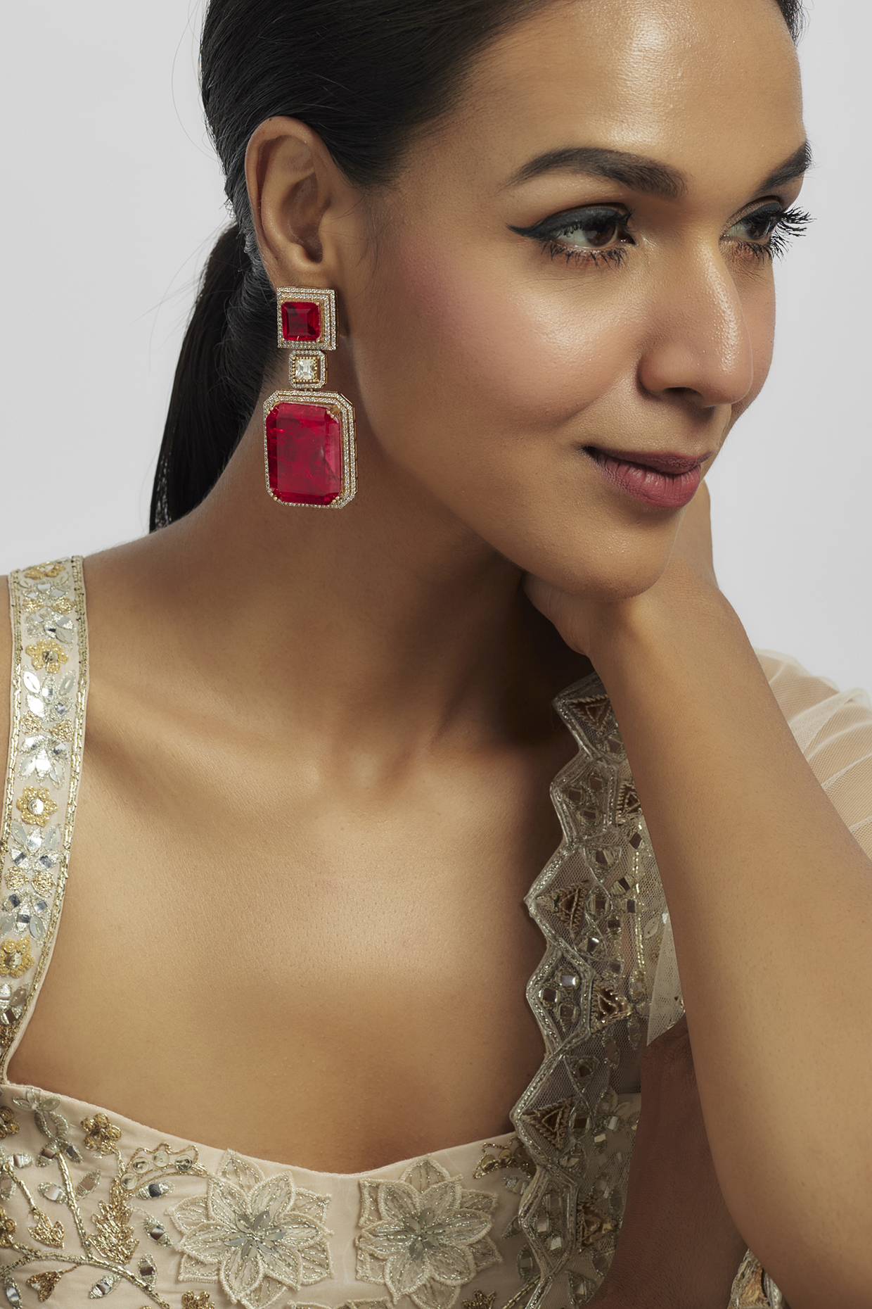 Gold Finish Ruby & Zircon Dangler Earrings by Moh-Maya by Disha Khatri at Pernia's Pop Up Shop