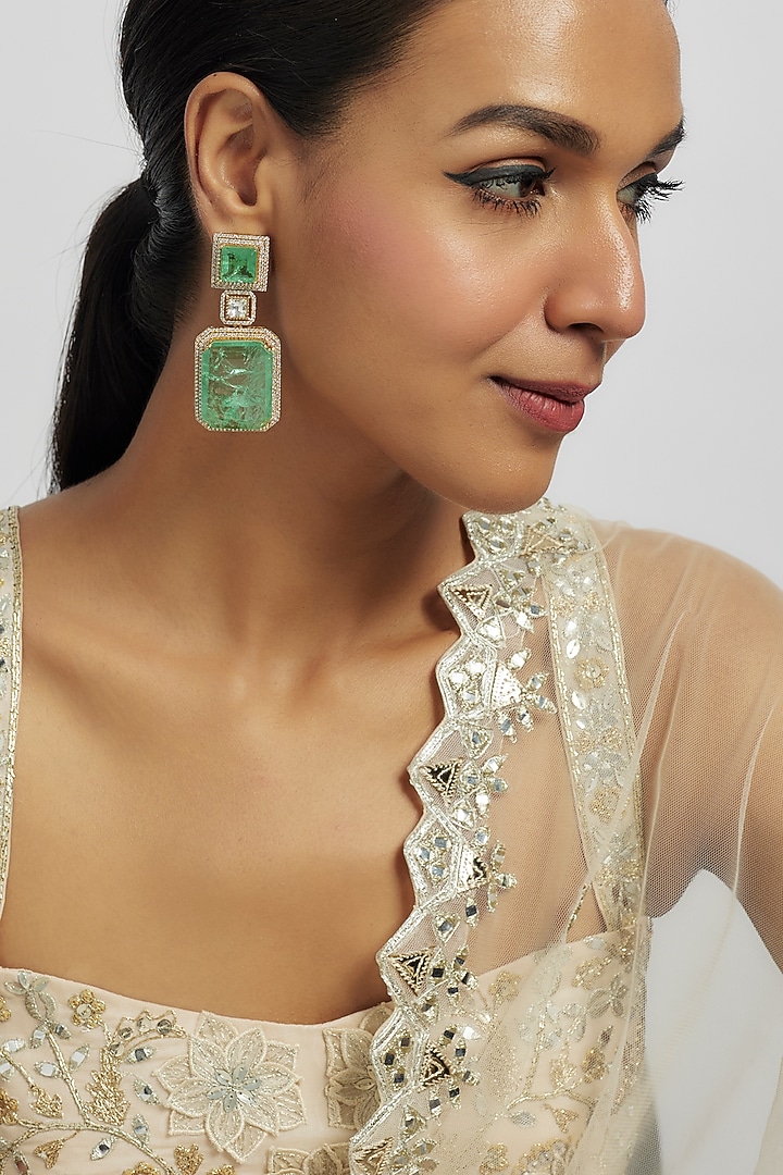 Gold Finish Kundan Polki & Green Zircon Dangler Earrings by Moh-Maya by Disha Khatri at Pernia's Pop Up Shop