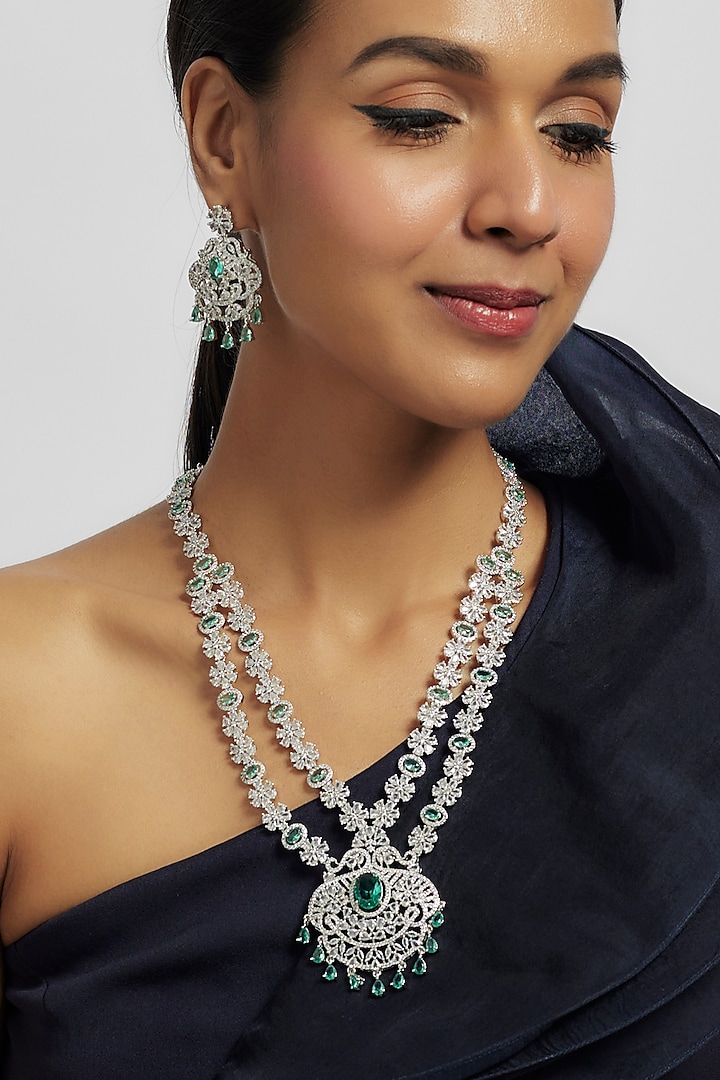 White Finish Teal Blue Zircon Long Layered Necklace Set by Moh-Maya by Disha Khatri at Pernia's Pop Up Shop