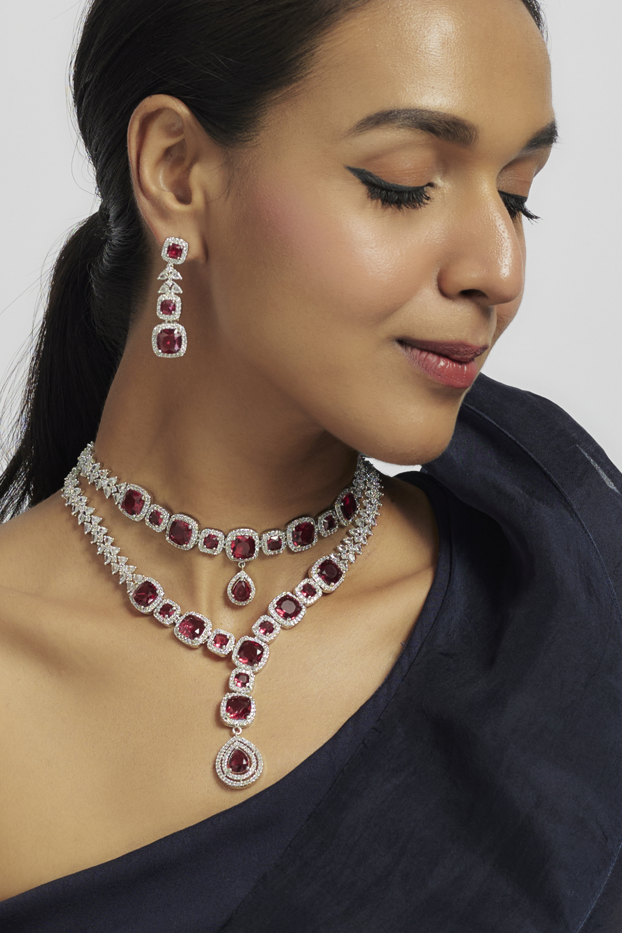 White Finish Ruby Stone & Zircon Layered Necklace Set by Moh-Maya by Disha Khatri at Pernia's Pop Up Shop