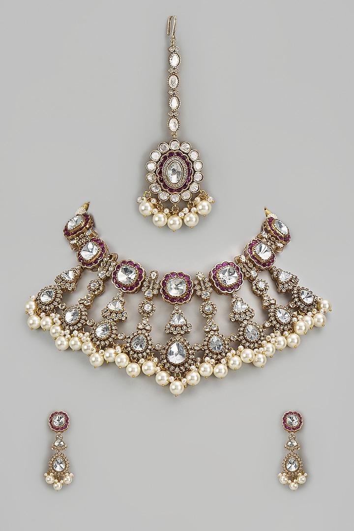 Gold Finish Kundan Polki & Zircon Necklace Set by Moh-Maya by Disha Khatri at Pernia's Pop Up Shop