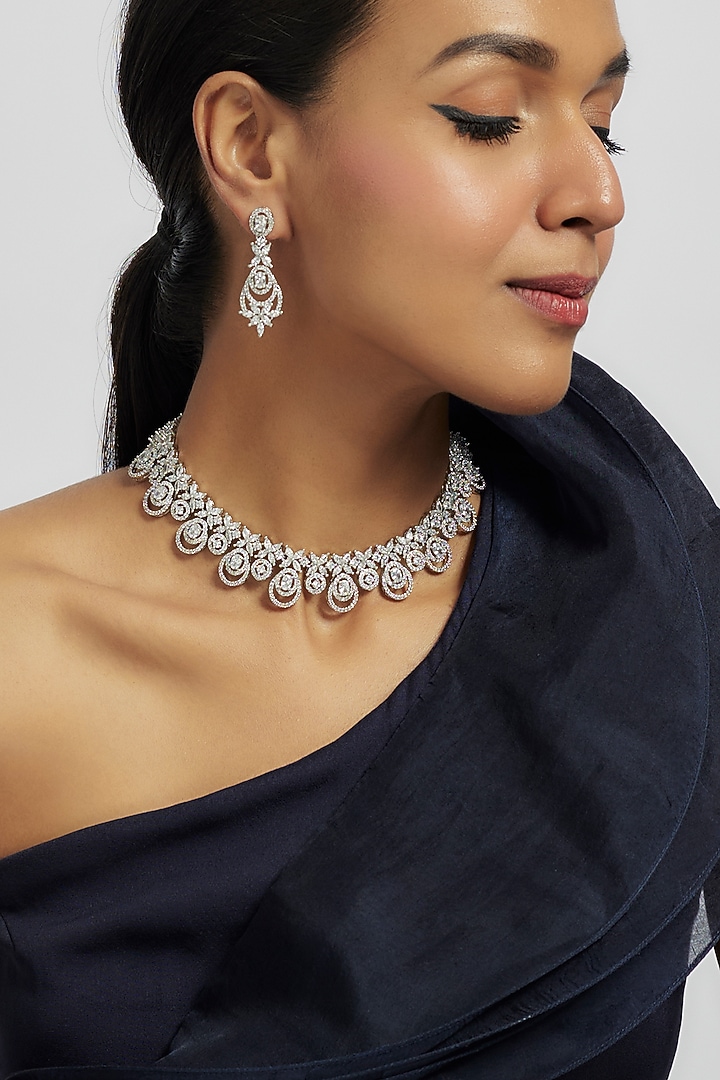 White Finish Zircon Choker Necklace Set by Moh-Maya by Disha Khatri at Pernia's Pop Up Shop