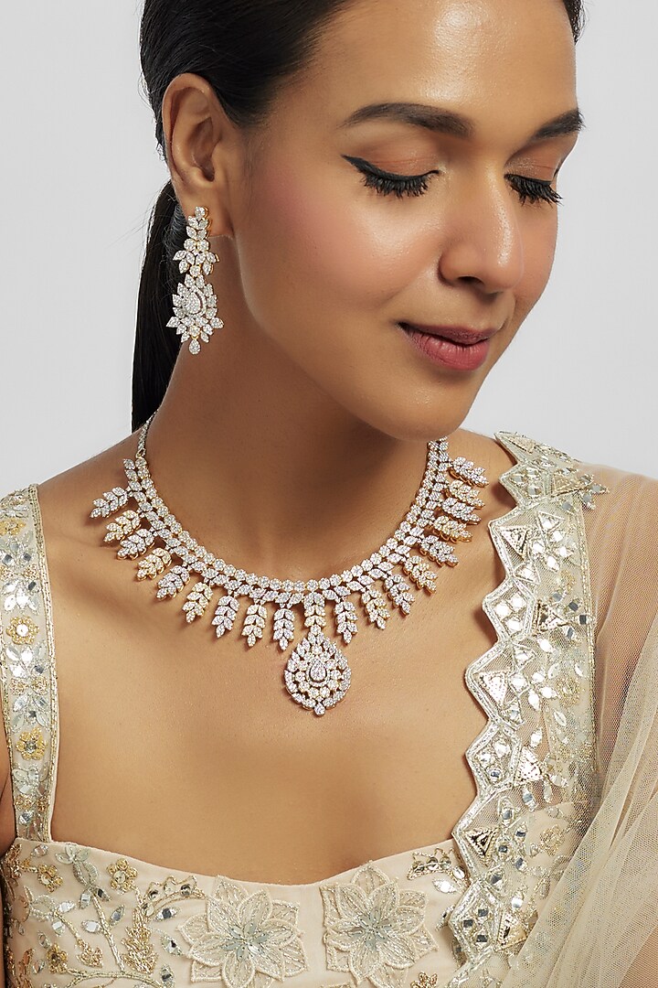Two-Tone Finish Zircon Necklace Set by Moh-Maya by Disha Khatri at Pernia's Pop Up Shop