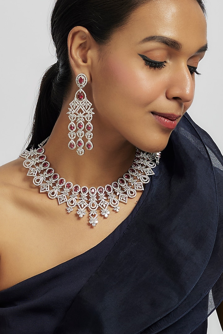 White Finish Ruby Stone & Zircon Necklace Set by Moh-Maya by Disha Khatri at Pernia's Pop Up Shop