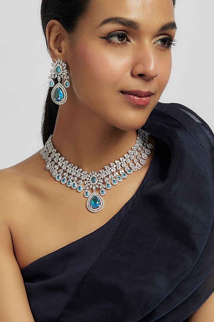 White Finish Blue Stone & Zircon Necklace Set by Moh-Maya by Disha Khatri at Pernia's Pop Up Shop