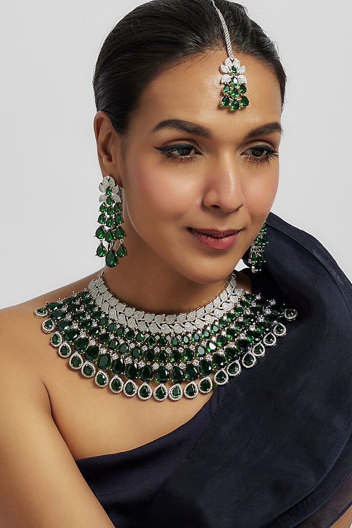 White Finish Emerald Stone & Zircon Choker Necklace Set by Moh-Maya by Disha Khatri at Pernia's Pop Up Shop