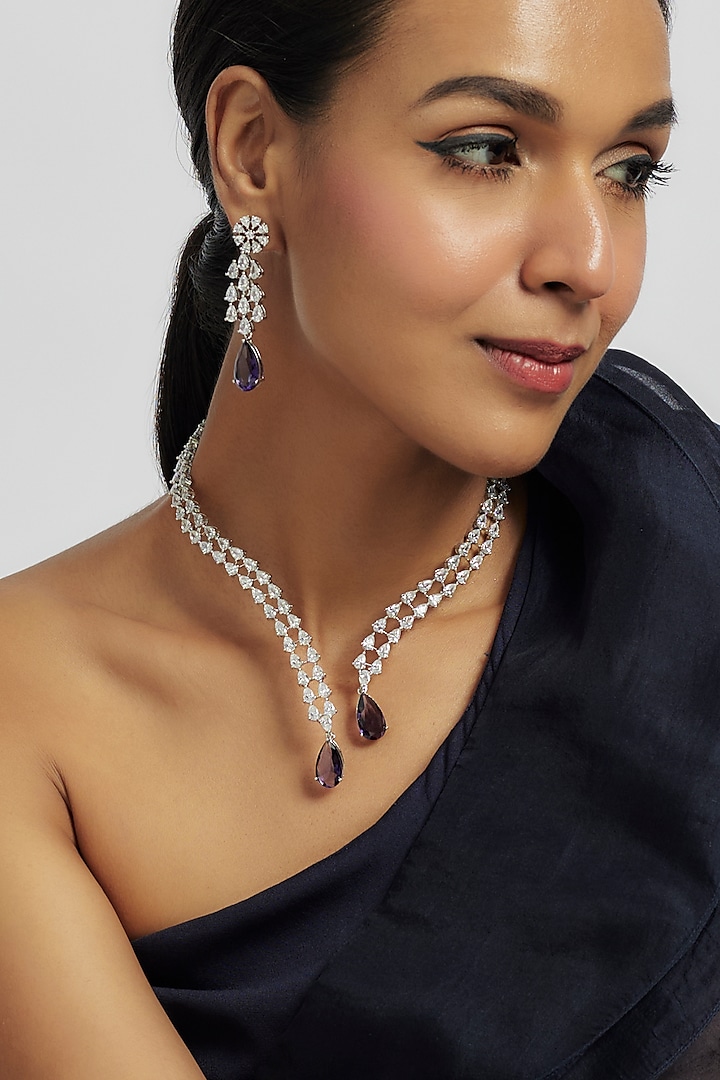 White Finish Blue Stone & Zircon Long Necklace Set by Moh-Maya by Disha Khatri at Pernia's Pop Up Shop
