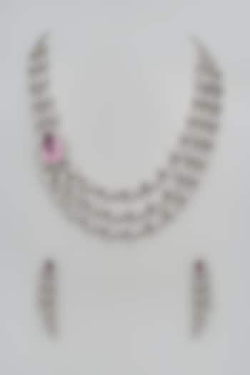 White Finish Pink Stone & Zircon Layered Necklace Set by Moh-Maya by Disha Khatri at Pernia's Pop Up Shop