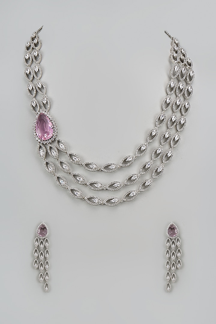 White Finish Pink Stone & Zircon Layered Necklace Set by Moh-Maya by Disha Khatri at Pernia's Pop Up Shop