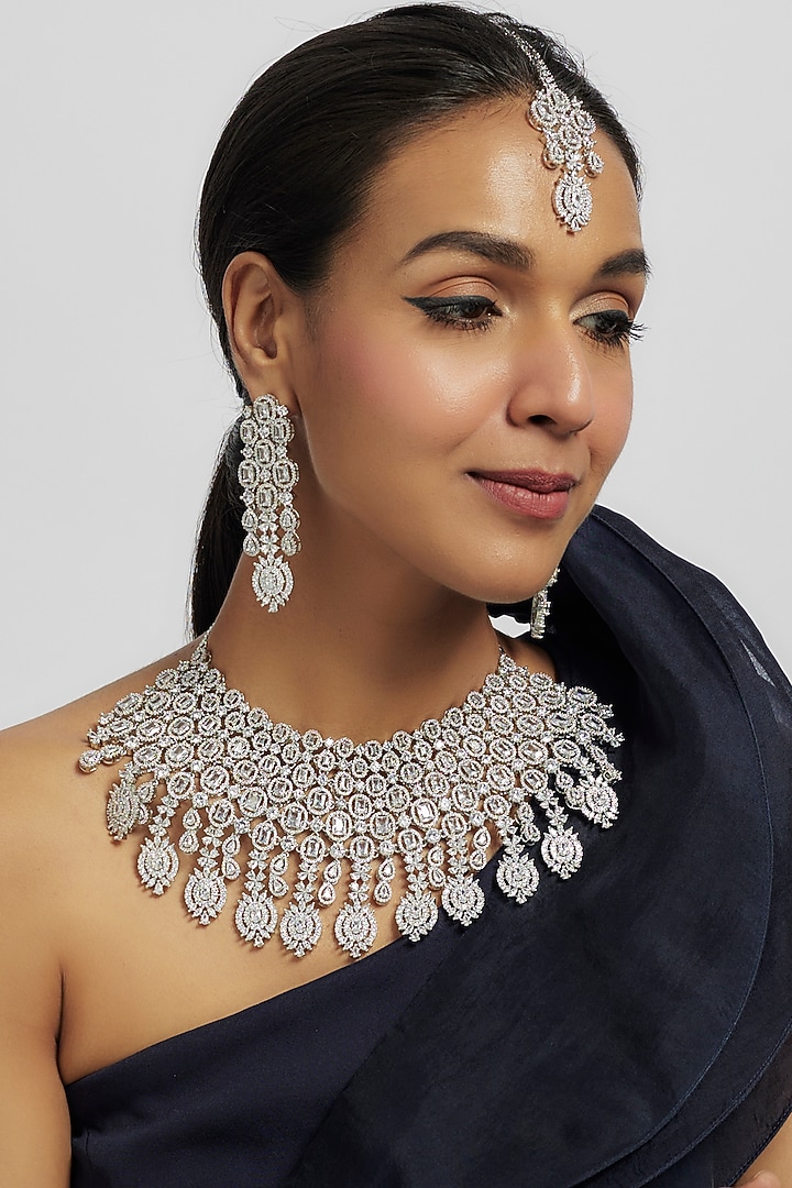 White Finish Zircon Choker Necklace Set by Moh-Maya by Disha Khatri at Pernia's Pop Up Shop