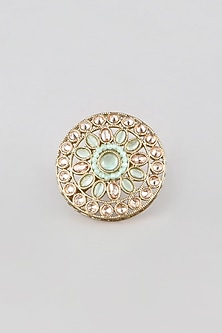 Gold Finish Pearl & Kundan Polki Ring by Moh-Maya by Disha Khatri-JEWELLERY AS GIFTS